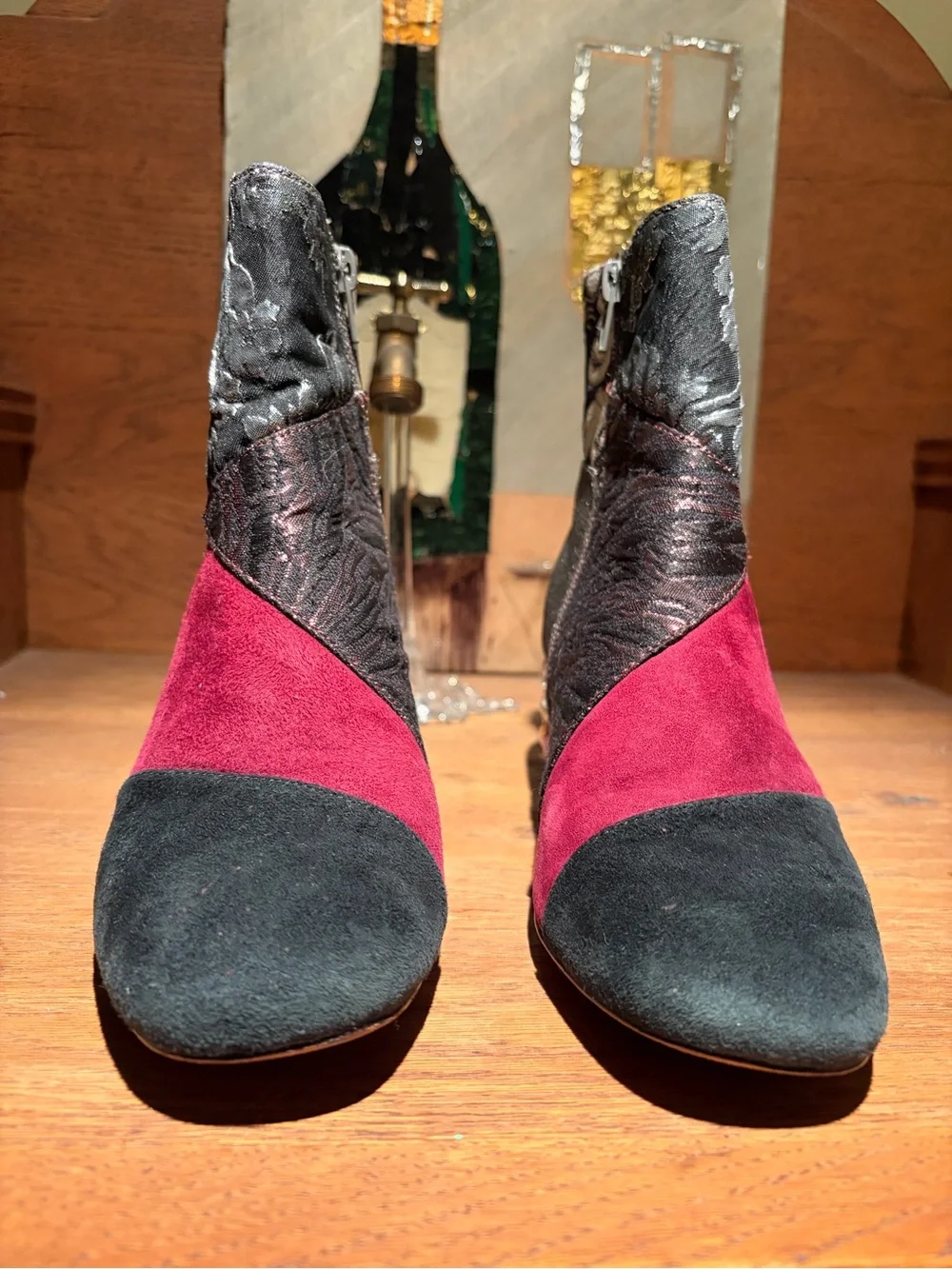 Anthro Bettye Muller Suede, Metallic Brocade and Rhinestone Heeled Booties